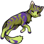 A chibi anime-style adoptable cat that links to the origin post of the adoptable. The cat is in a floaty resting pose with its tail flowing under its stomach with one eye closed. The cat has a Flight Rising colour of Crocodile for a base, with a light and soft gradient to Honeydew on the  spine, tail, legs, and middle of the face,. The cat has sharp and striking shapes that dip in the middle laid across its body, with a edged swirl on its shoulder. These shapes and the tip of its paws are in the colour Violet, a dark and magical tone that combines with the greens to give this cat the feeling of a brooding shaded forest with bramble all about.