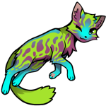 A chibi anime-style adoptable cat that links to the origin post of the adoptable. The cat is in a floaty resting pose with its tail flowing under its stomach with one eye closed. The cat has marble markings reminiscent of a lava lamp in the Flight Rising colour of Mauve, laid on top of a gradient  from Cyan to Leaf, with the vibrant Cyan focused on the legs, spine, and middle of the face. The cat's face is framed by tabby cat markings in Leaf, and the artist accentuates the face with a matching Lightning flight eye. The combination gives this cat a muddy but magical feeling, like a toxic glowing plant in a swamp.