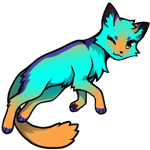 A chibi anime-style adoptable cat that links to the origin post of the adoptable. The cat is in a floaty resting pose with its tail flowing under its stomach with one eye closed. The cat has a Flight Rising colour of Cyan for a base, gradiated to Sunset on the spine, tail, legs, and middle of the face. The cat's paw tips and spine are coloured in Twilight, giving a stripe down the back that frames the cat in a graphic way. The cat has Wind Flight eyes that are hardly noticeable against the pelt. The cat's colours are vibrant and poppy, like a refreshing bottle of soda in the middle of summer.