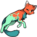 A chibi anime-style adoptable cat that links to the origin post of the adoptable. The cat is in a floaty resting pose with its tail flowing under its stomach with one eye closed. The other eye is of Shadow flight, dark against the other tones. This cat has the Flight Rising colour of Mint for a base, a refreshing colour that stands out against its Turquoise coloured chest and tail fur. They rest against each other calmly, while the splashes of Pumpkin coloured angular shapes on the front of the body-- dissipating outwards-- clash slightly with the similarly saturated midtone of Turquoise. The result is a pleasant simple and complementary pattern.